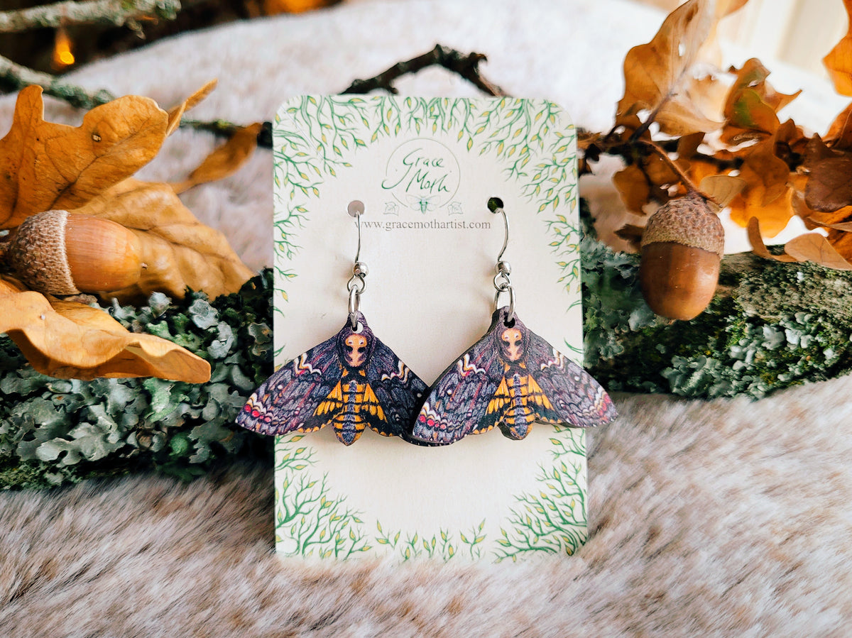 Deaths-Head Hawkmoth illustrated earrings, responsibly sourced cherry wood, Entomology watercolour, 304 Stainless Steel hooks, by Grace Moth