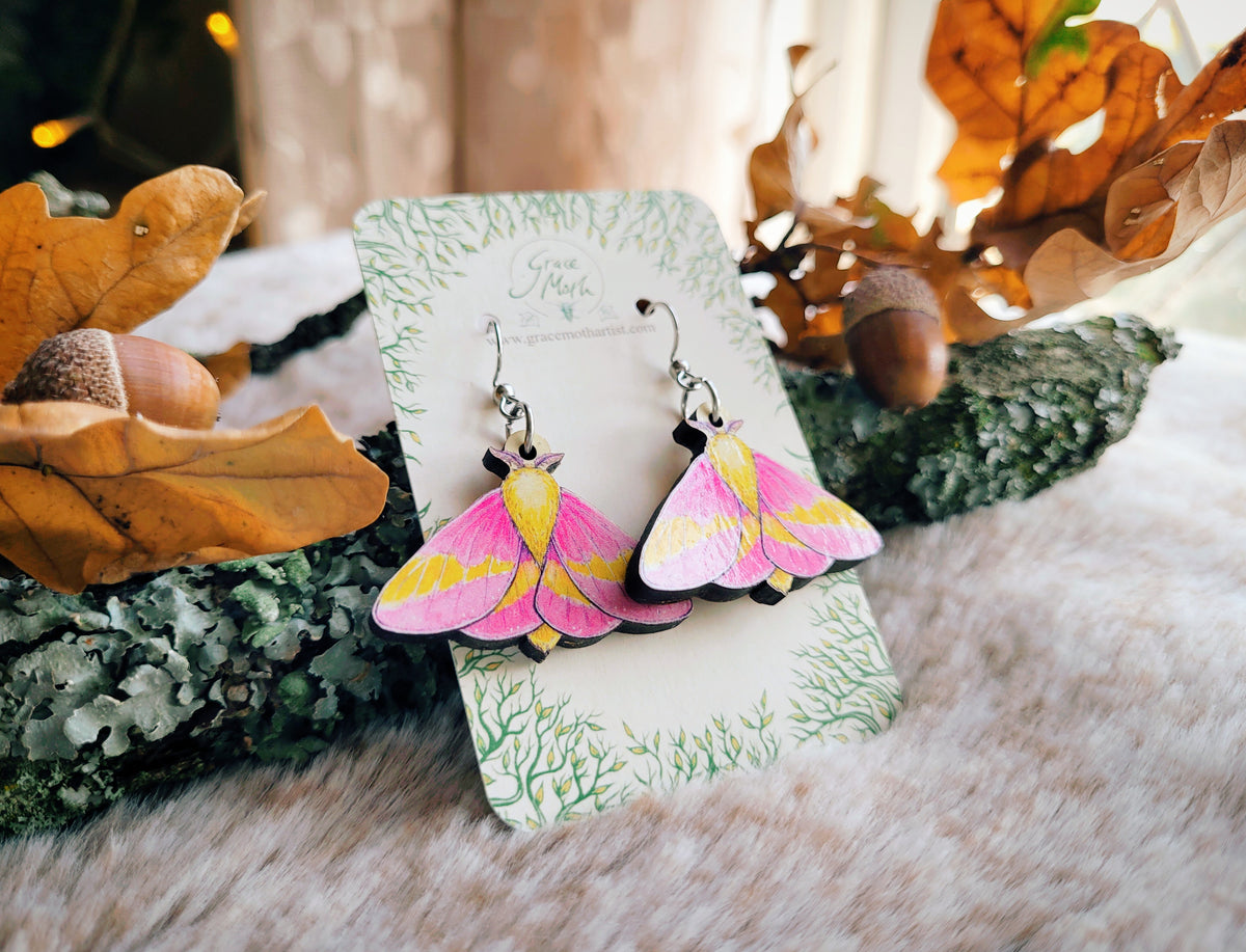Rosy Maple Moth illustrated earrings, responsibly sourced cherry wood, Entomology watercolour, 304 Stainless Steel hooks, by Grace Moth
