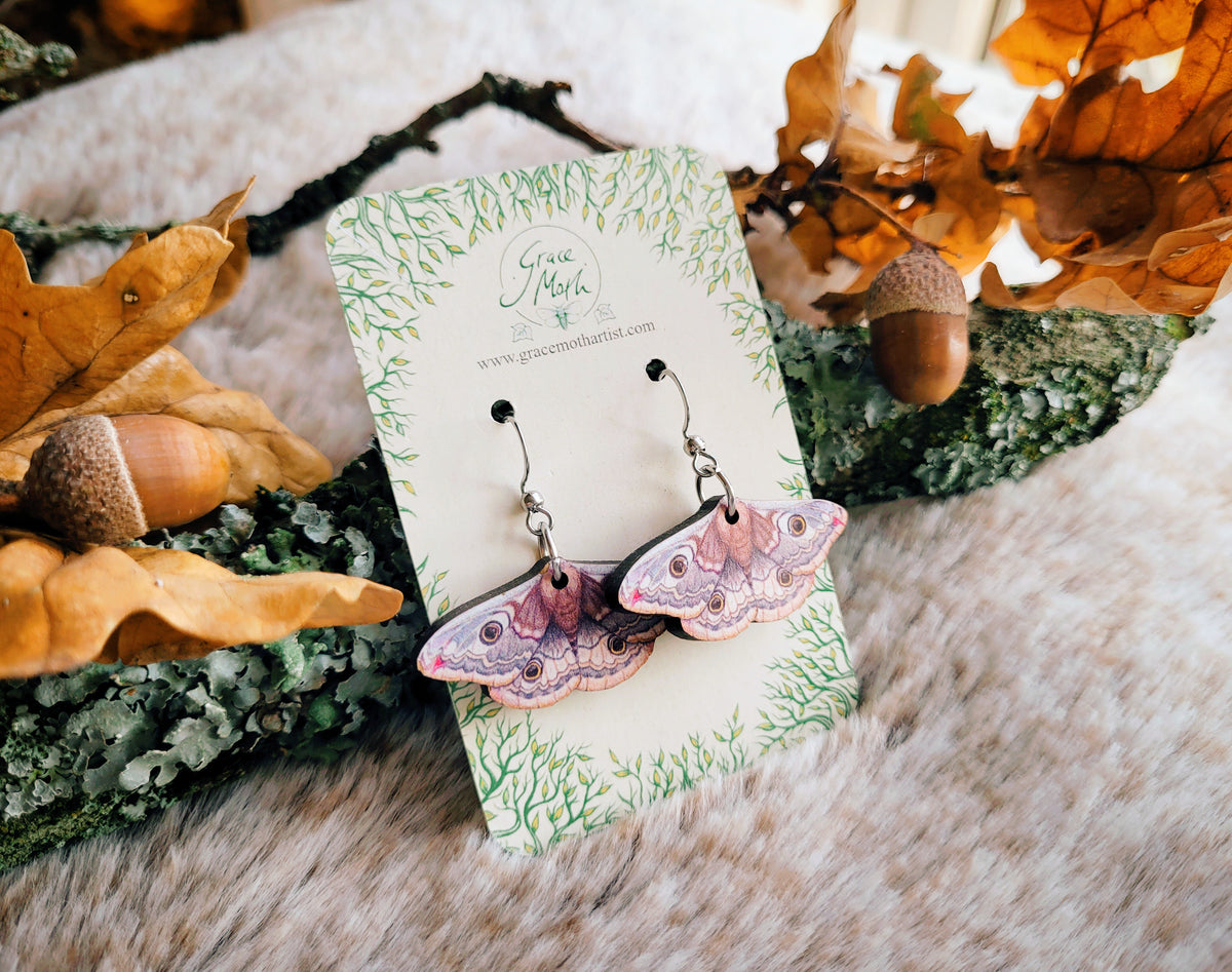 Emperor Moth illustrated earrings, responsibly sourced cherry wood, Entomology watercolour, 304 Stainless Steel hooks, by Grace Moth