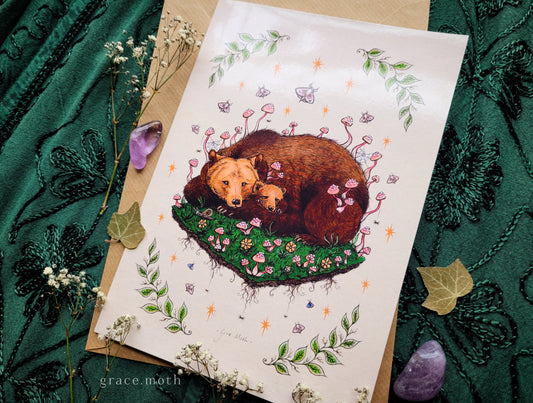 Mama/papa bear and cub - A5 greeting card by Grace Moth - 5.8 x 8.3, gothic creepy