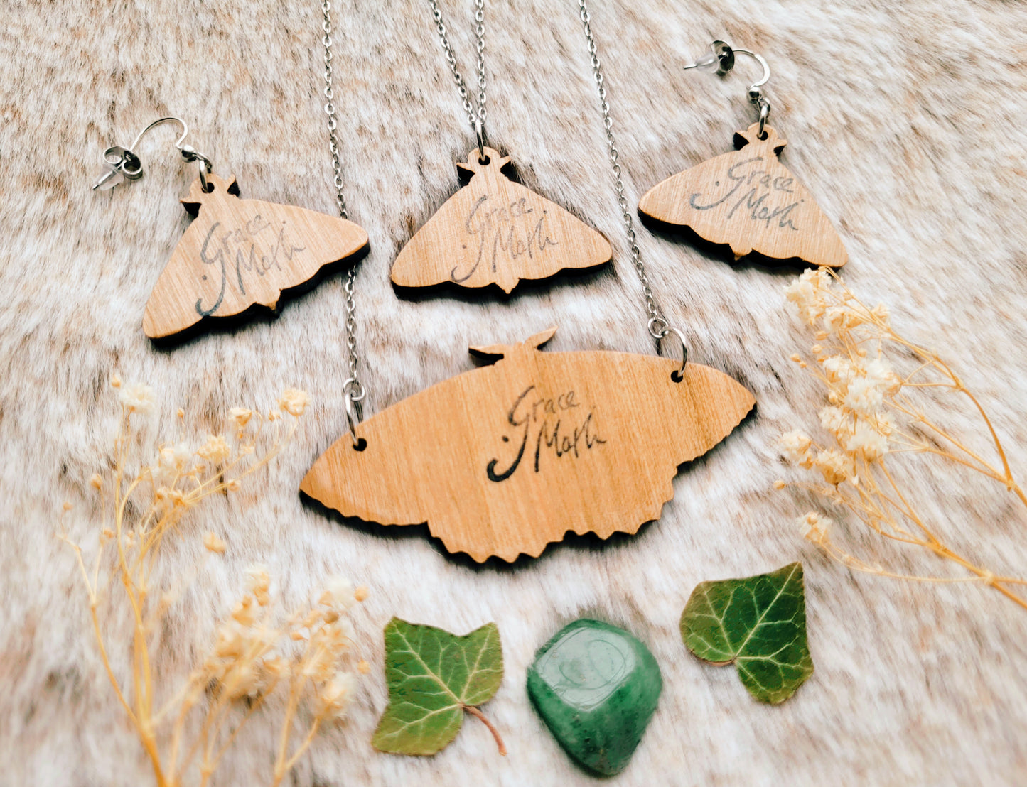Crescent moon goddess Illustrated necklace, responsibly sourced cherry wood, chain options available, by Grace Moth