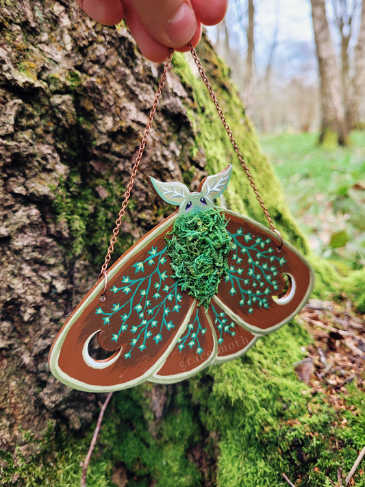 Ivy Forest Moth - with real Moss Details - One of a kind handmade hand painted wall hanging/ornament, by Grace Moth