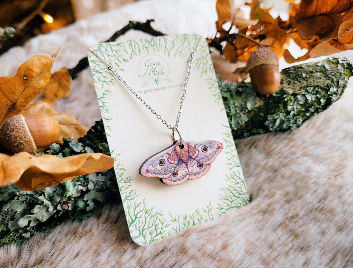 Emperor Moth necklace, responsibly sourced cherry wood, watercolour entomology, by Grace Moth