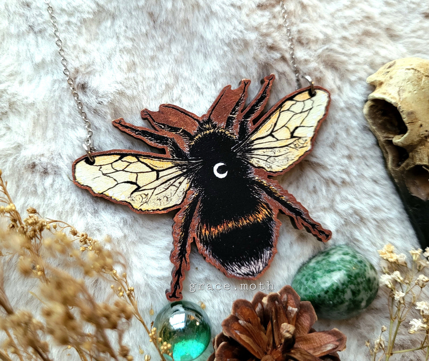 Large Bumble Bee illustrated necklace, responsibly sourced cherry wood, chain options available, by Grace Moth