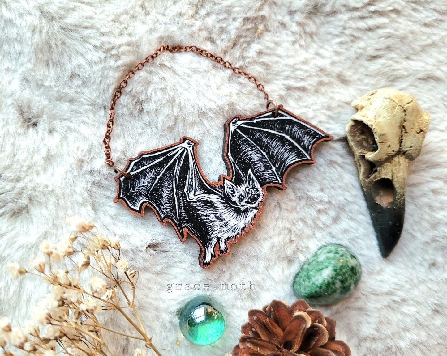 Large Bat illustrated ornament, wall hanging, 7.5cm responsibly sourced cherry wood, by Grace Moth