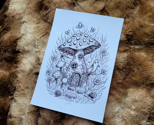 Mushroom House - Ink Sketch - A5 or A4 art print by Grace Moth