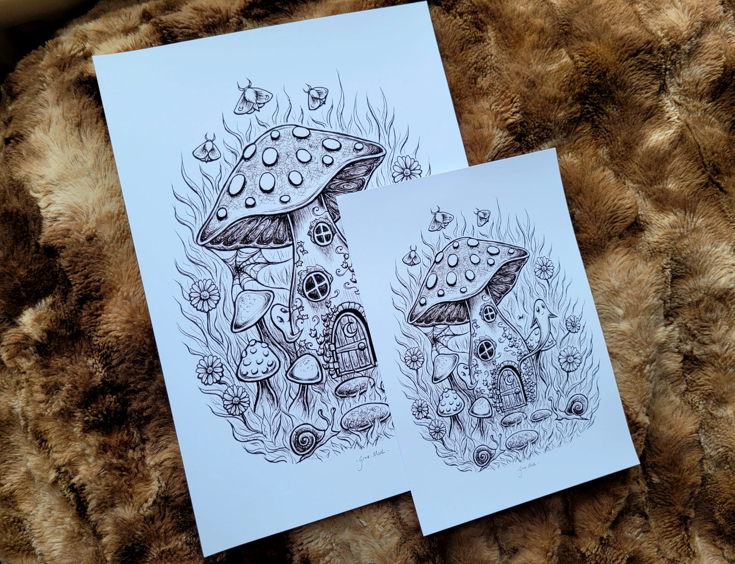 Mushroom House - Ink Sketch - A5 or A4 art print by Grace Moth