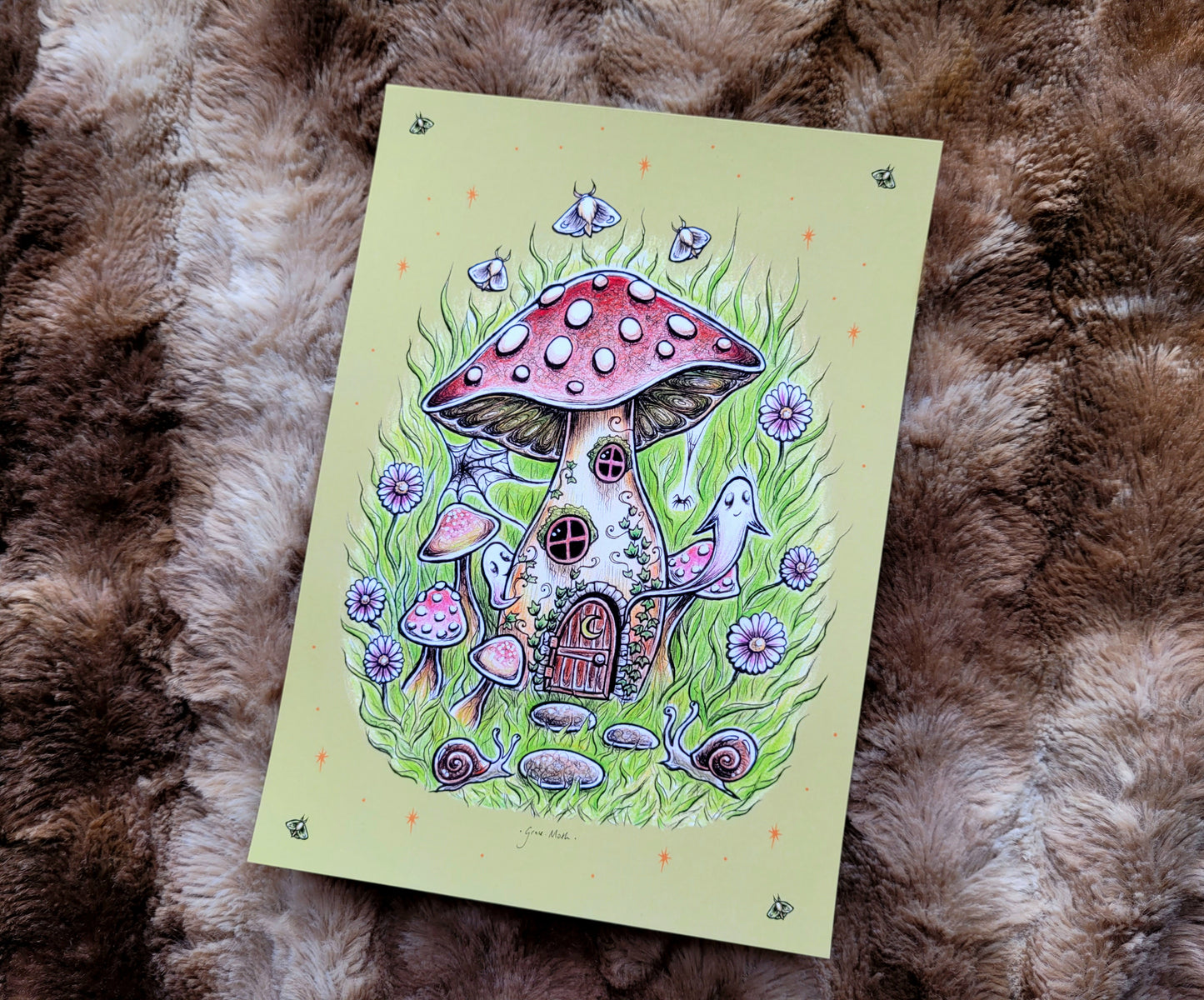 Mushroom House - Green - A5 or A4 art print by Grace Moth