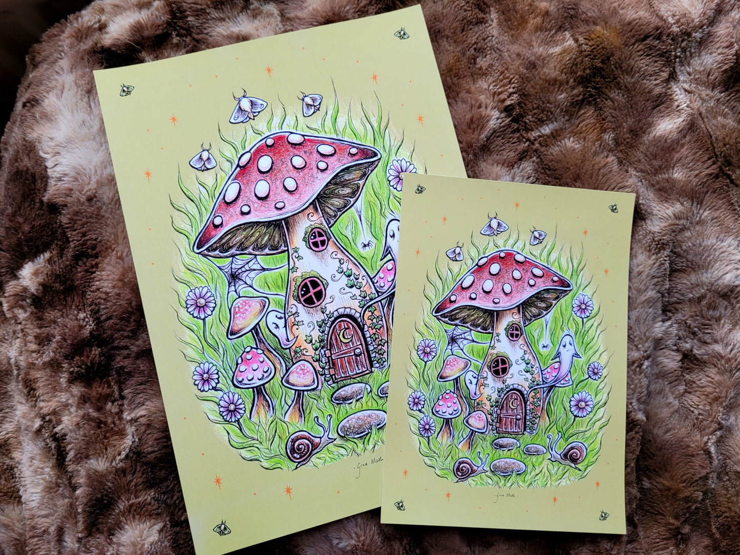 Mushroom House - Green - A5 or A4 art print by Grace Moth
