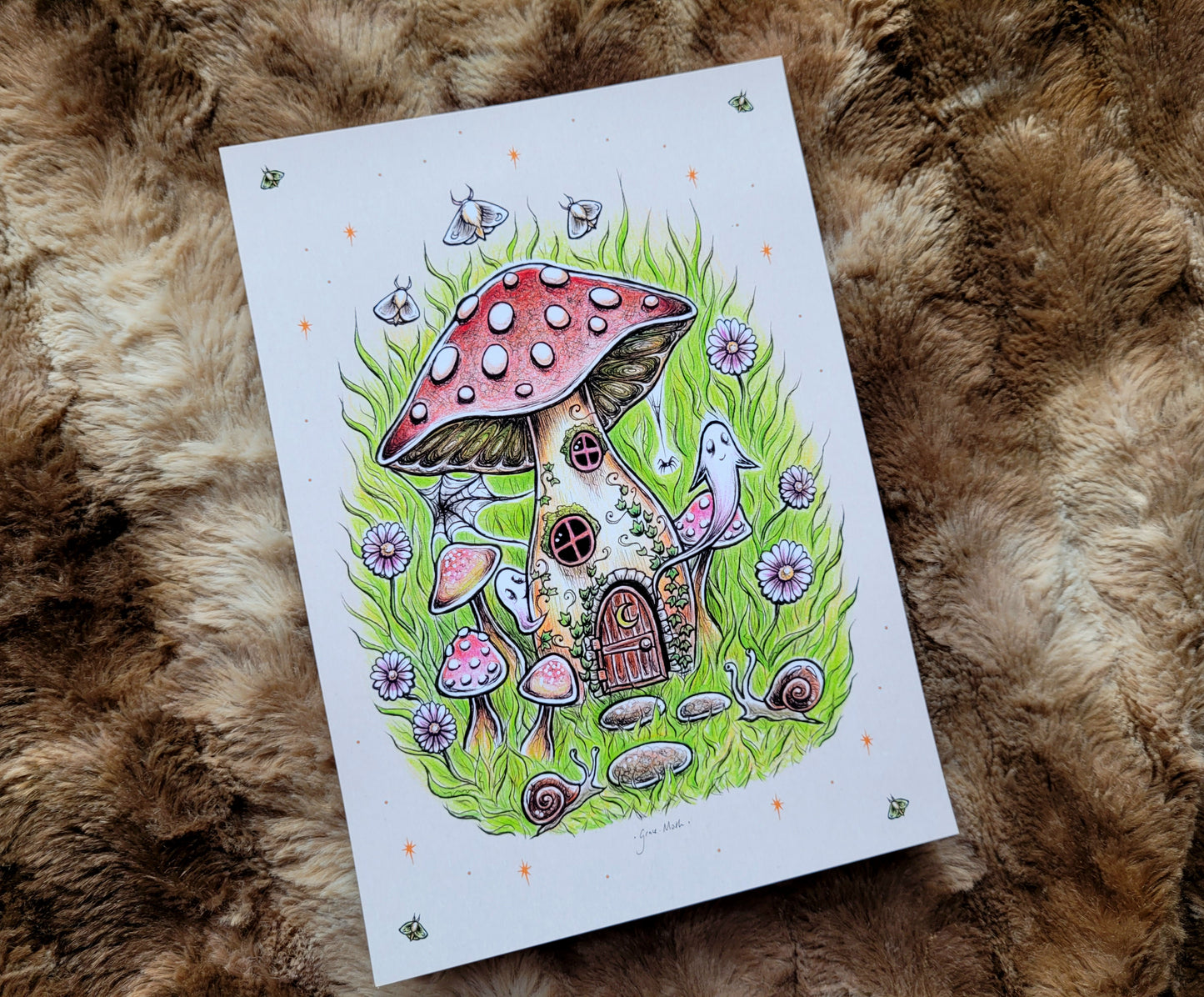 Mushroom House - with stars - A5 or A4 art print by Grace Moth