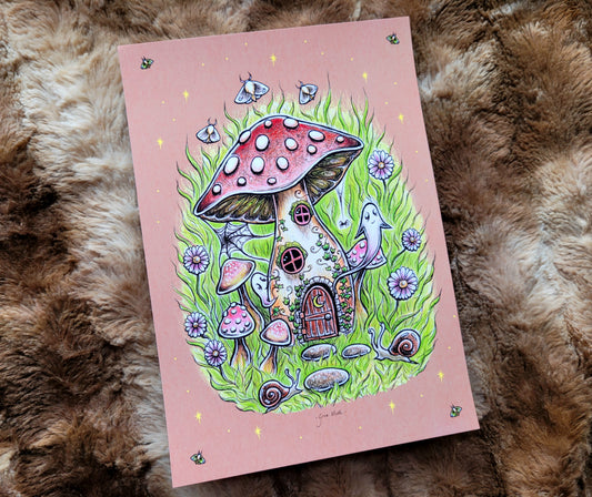 Mushroom House - Pink - A5 or A4 art print by Grace Moth