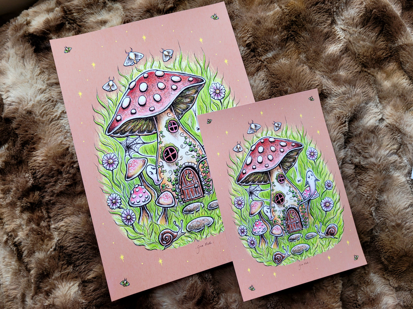 Mushroom House - Pink - A5 or A4 art print by Grace Moth