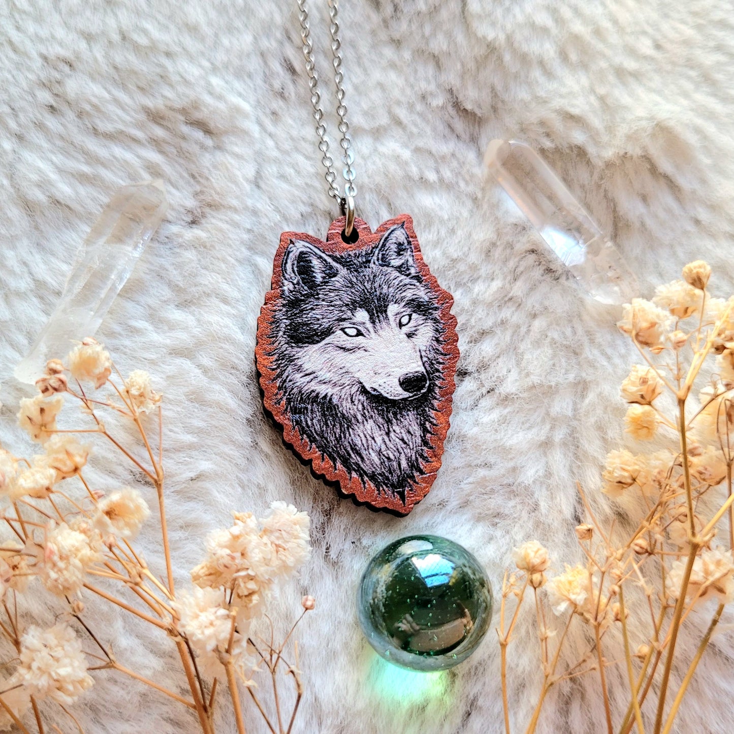 Wolf illustrated necklace, responsibly sourced cherry wood, chain options available, by Grace Moth