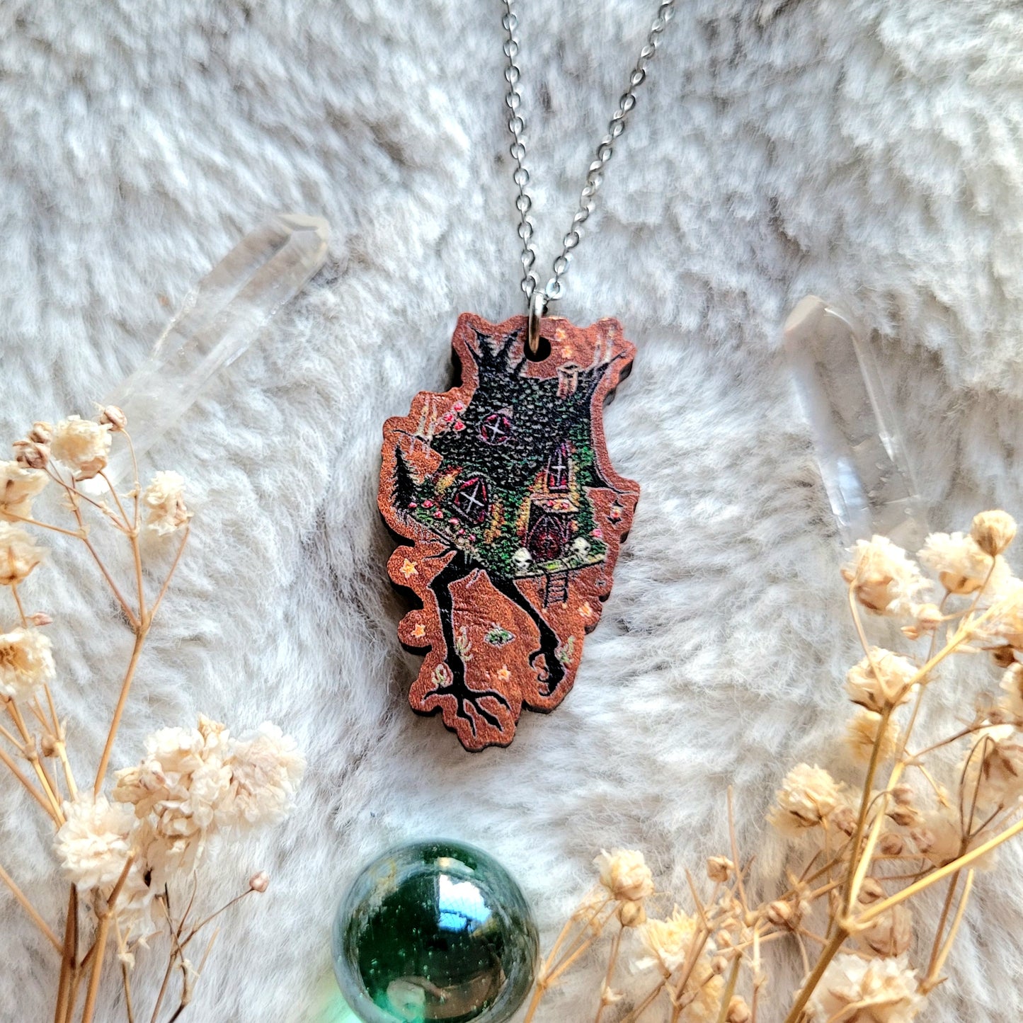 Baba Yaga witches hut Illustrated necklace, responsibly sourced cherry wood, chain options available, by Grace Moth