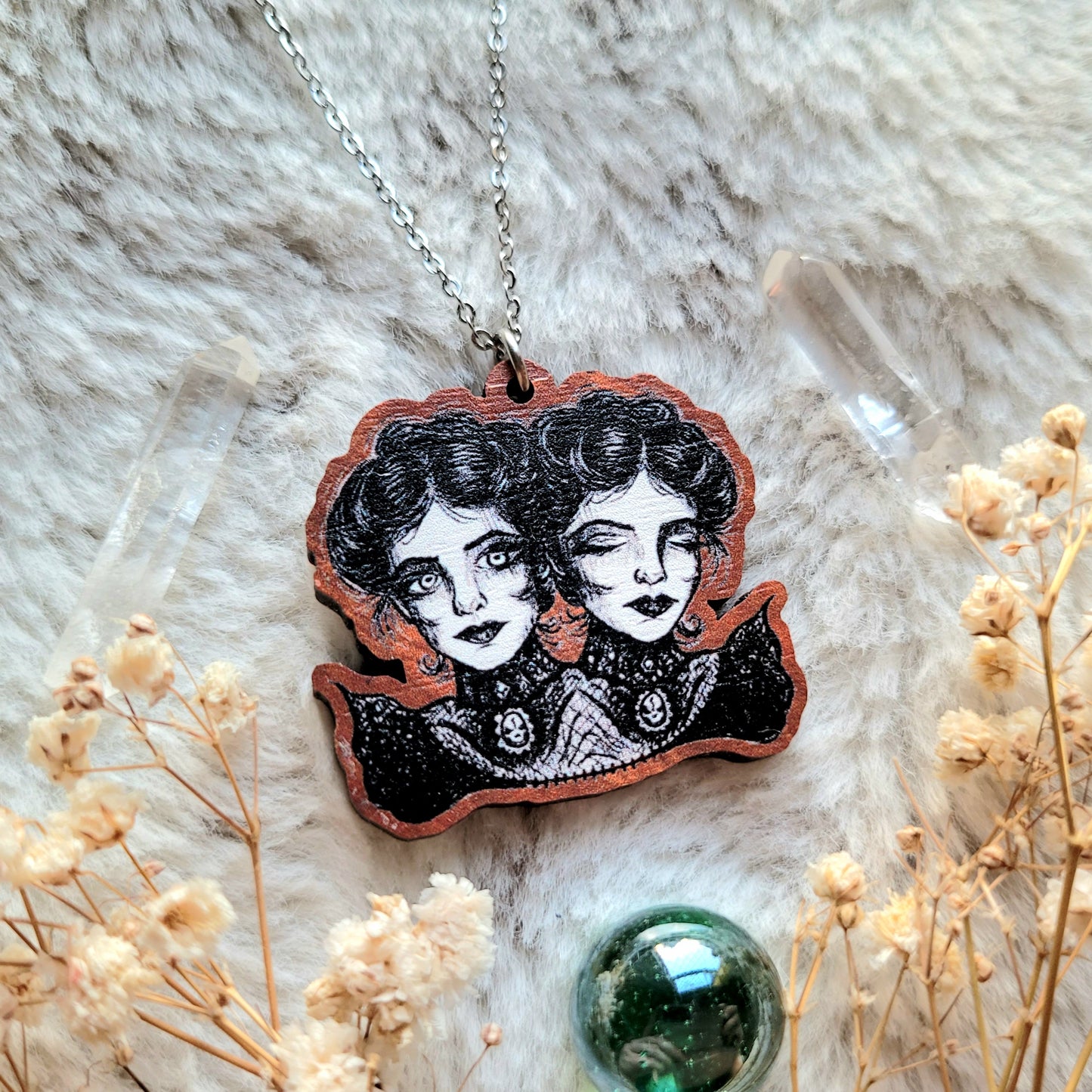 Conjoined Victorian Twins Illustrated necklace, responsibly sourced cherry wood, chain options available, by Grace Moth