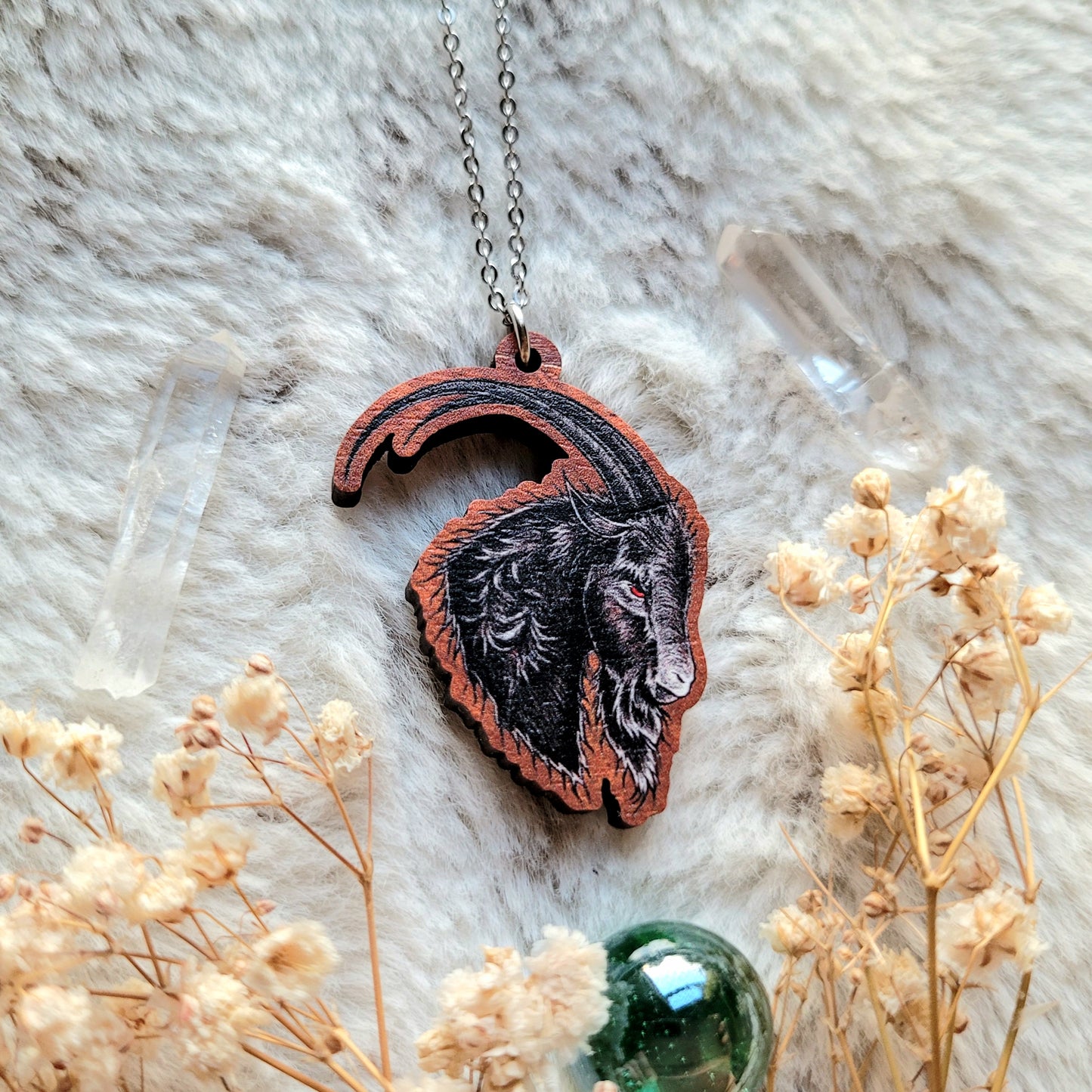 Black Phillip Goat illustrated necklace, responsibly sourced cherry wood, chain options available, by Grace Moth