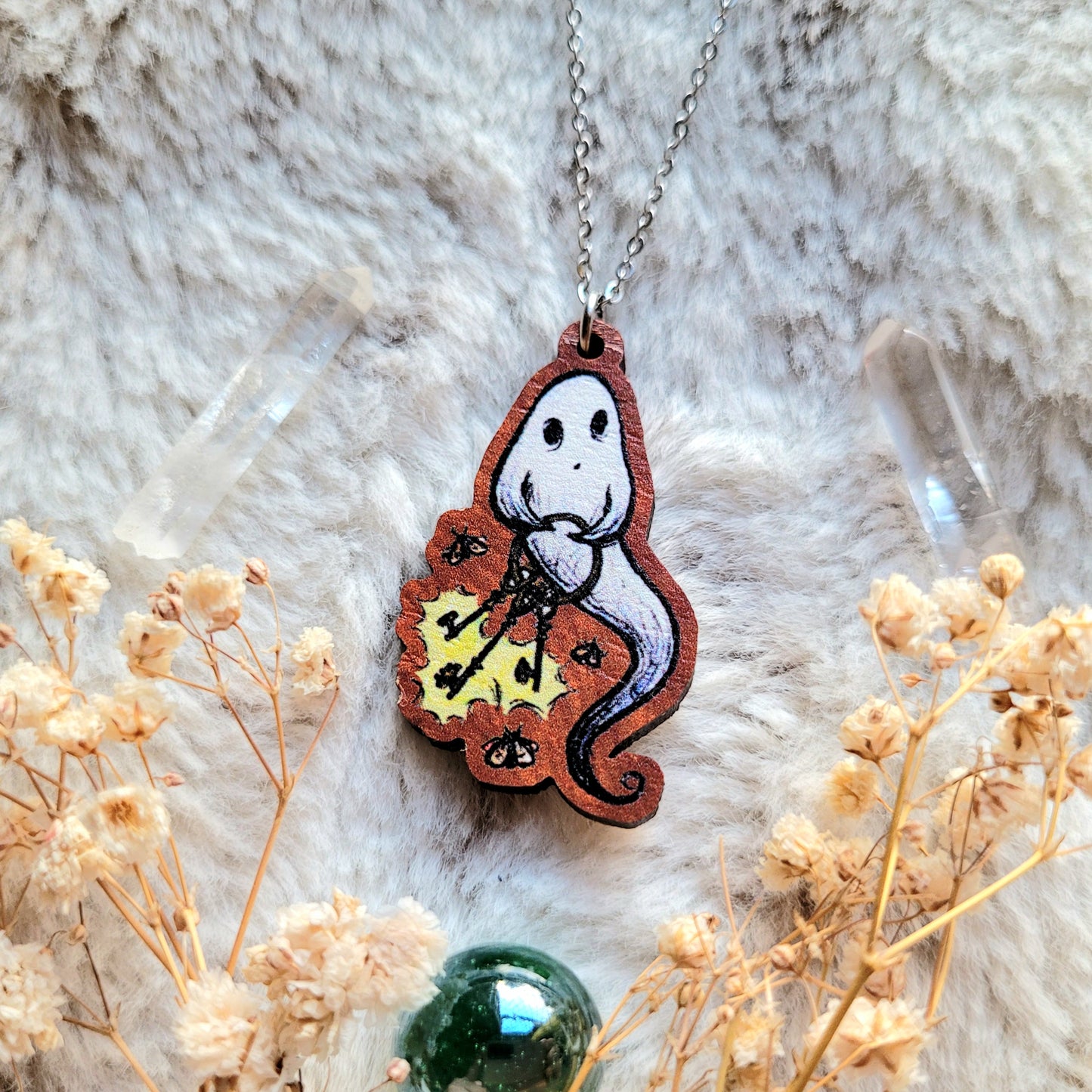 Ghostie illustrated necklace, responsibly sourced cherry wood, chain options available, by Grace Moth