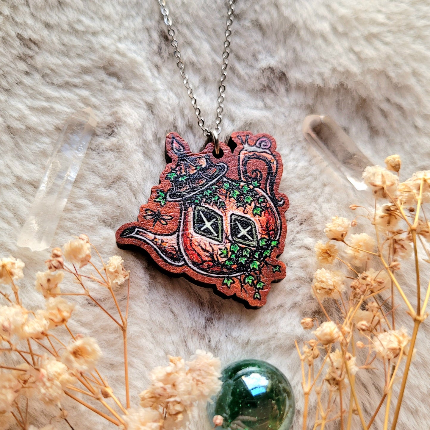 Fairy Teapot Illustrated necklace, responsibly sourced cherry wood, chain options available, by Grace Moth