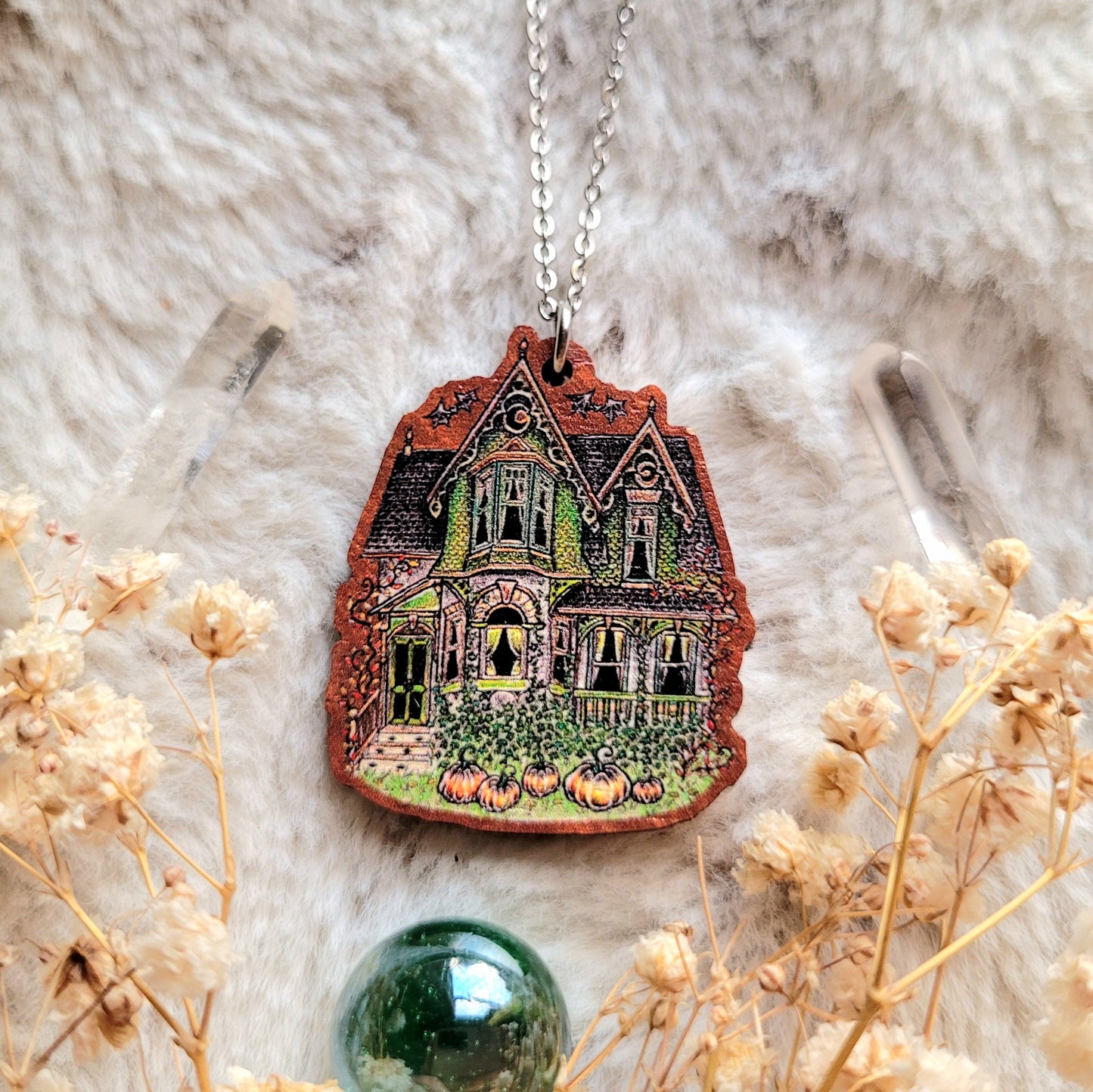 Fall House illustrated necklace, responsibly sourced cherry wood, chain options available, by Grace Moth