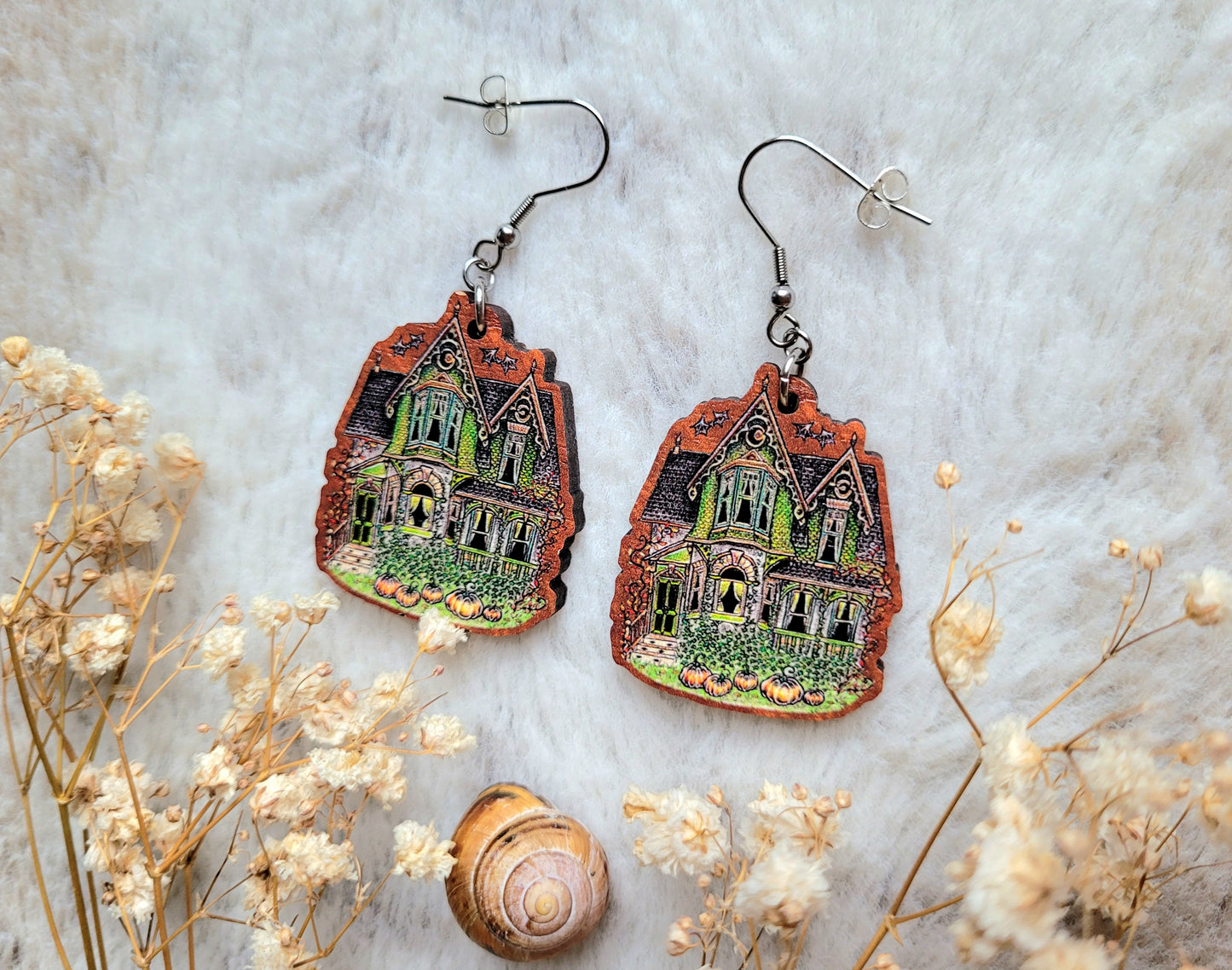 Fall House illustrated earrings, responsibly sourced cherry wood, 304 Stainless Steel hooks, by Grace Moth