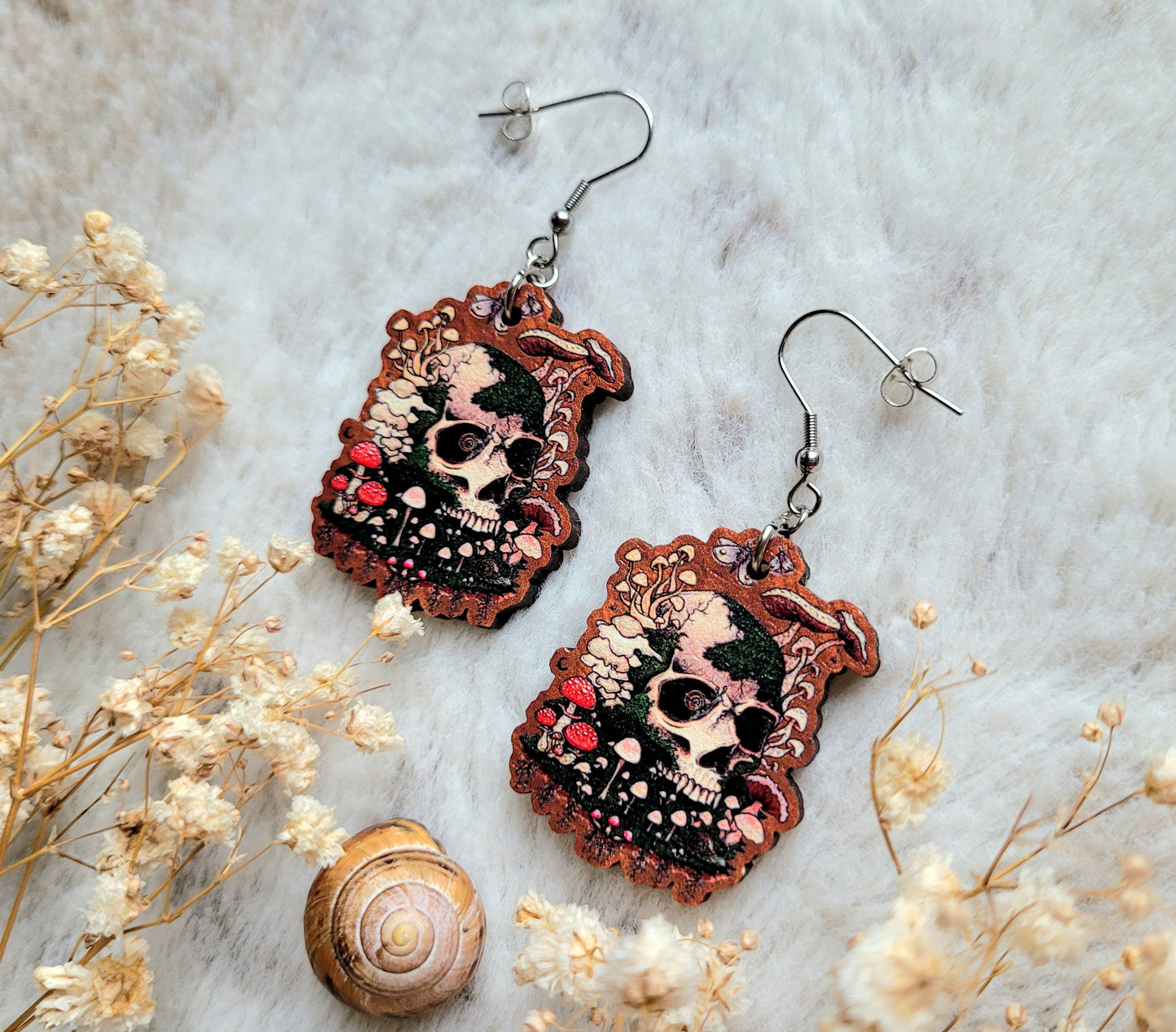 Here lies a Fungi illustrated earrings, responsibly sourced cherry wood, 304 Stainless Steel hooks, by Grace Moth
