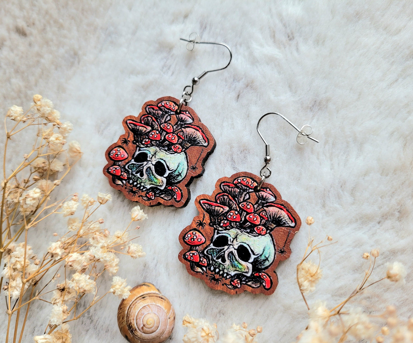 Mushroom Skull illustrated earrings, responsibly sourced cherry wood, 304 Stainless Steel hooks, by Grace Moth