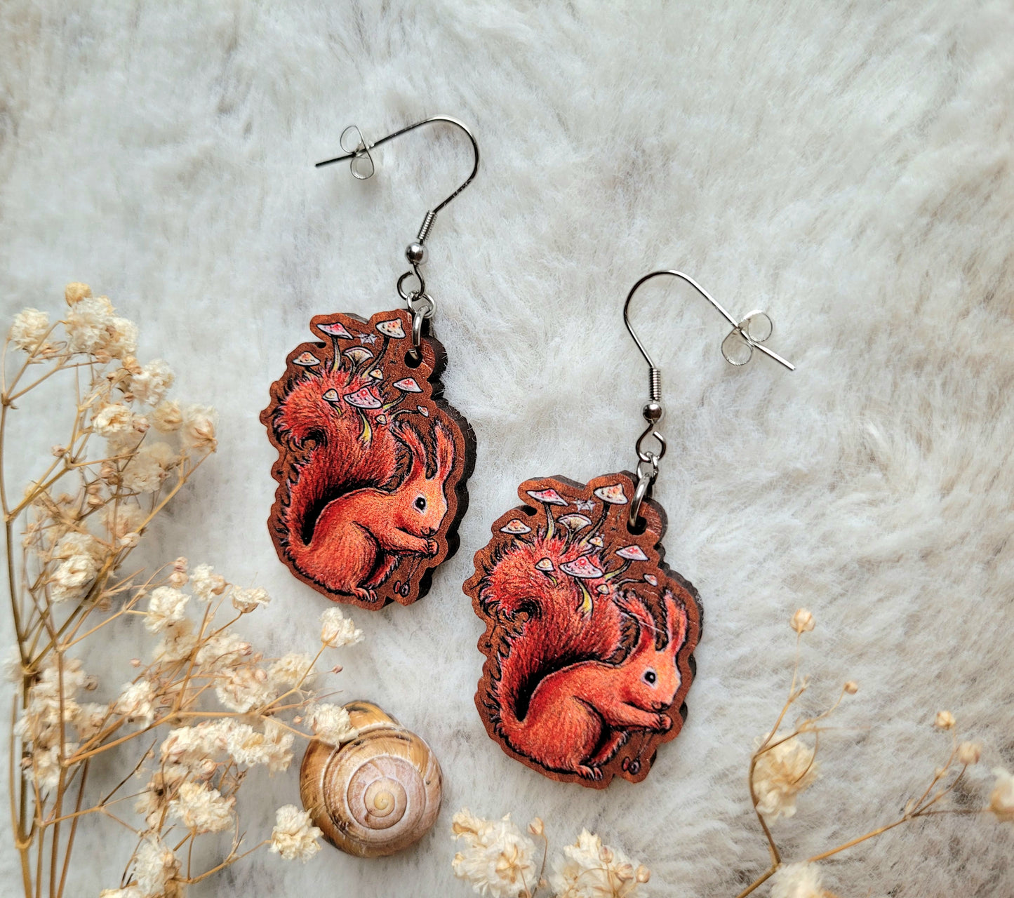 Red Squirrel illustrated earrings, responsibly sourced cherry wood, 304 Stainless Steel hooks, by Grace Moth