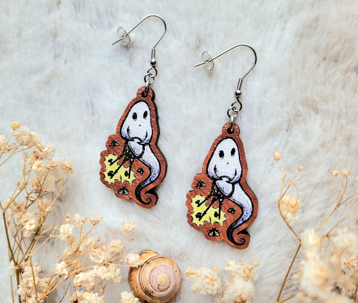 Ghostie illustrated earrings, responsibly sourced cherry wood, 304 Stainless Steel hooks, by Grace Moth