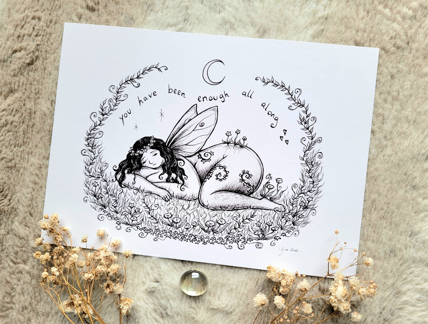 Meadow Fairy ink sketch - A5 or A4 body positive affirmation art print by Grace Moth