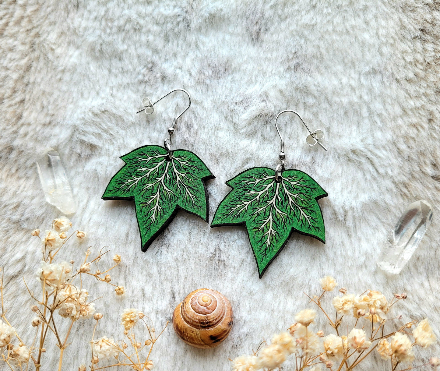Poison Ivy illustrated earrings, responsibly sourced cherry wood, 304 Stainless Steel hooks, by Grace Moth