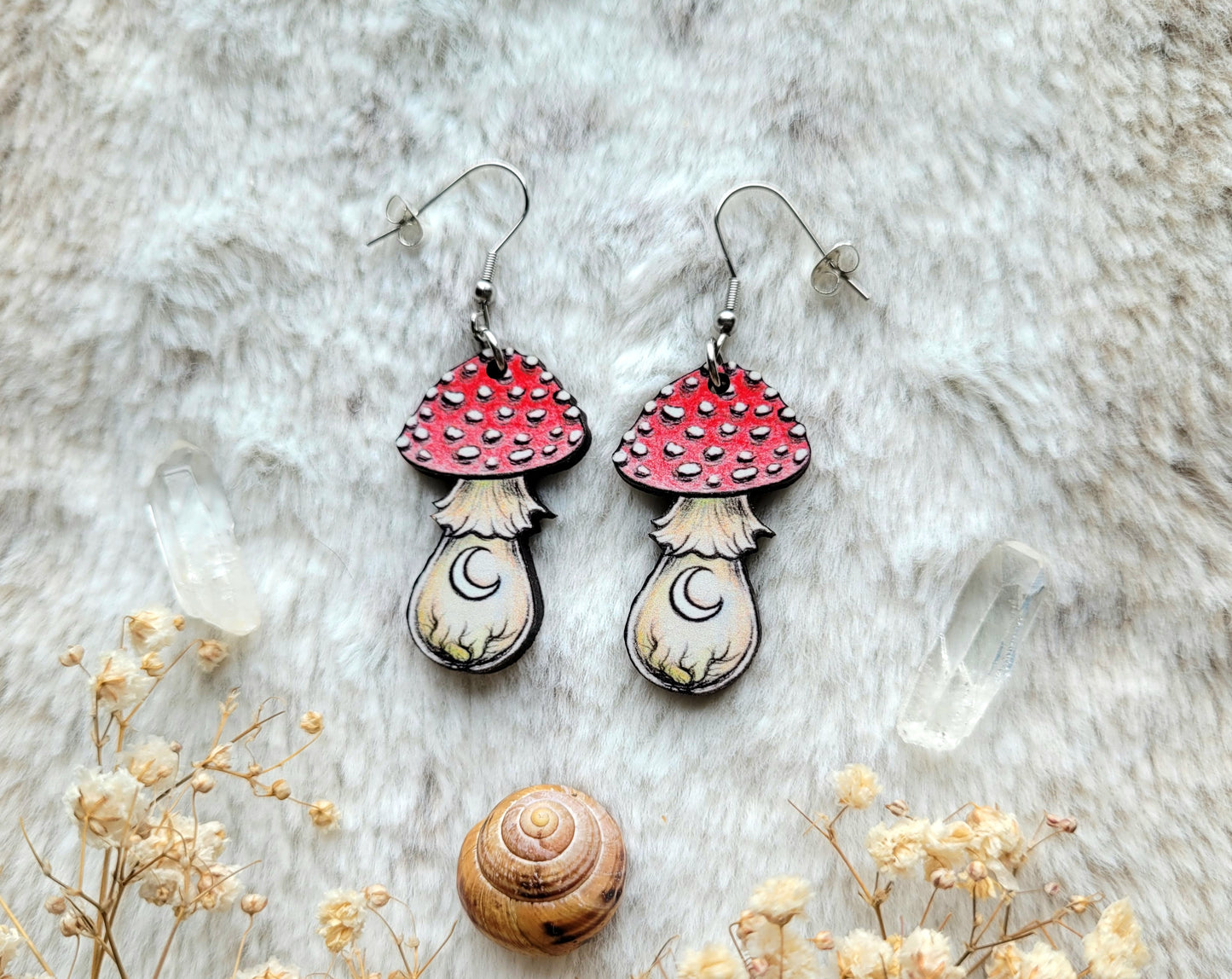 Red Mushroom illustrated earrings, responsibly sourced cherry wood, 304 Stainless Steel hooks, by Grace Moth