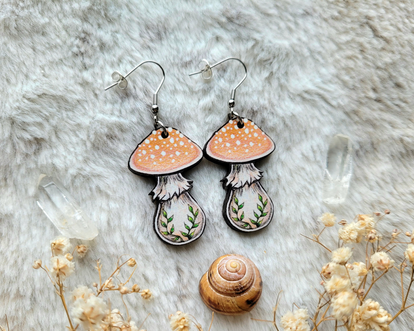 Peach Mushroom illustrated earrings, responsibly sourced cherry wood, 304 Stainless Steel hooks, by Grace Moth