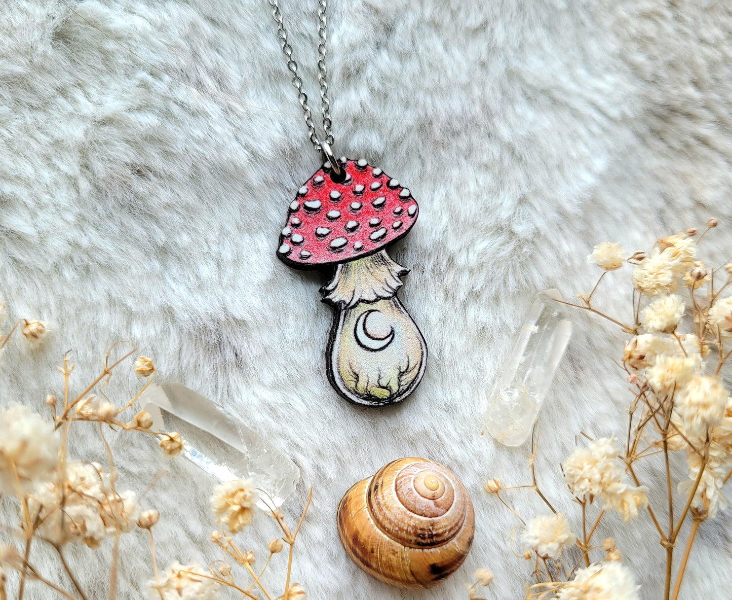 Red Mushroom illustrated necklace, responsibly sourced cherry wood, chain options available, by Grace Moth