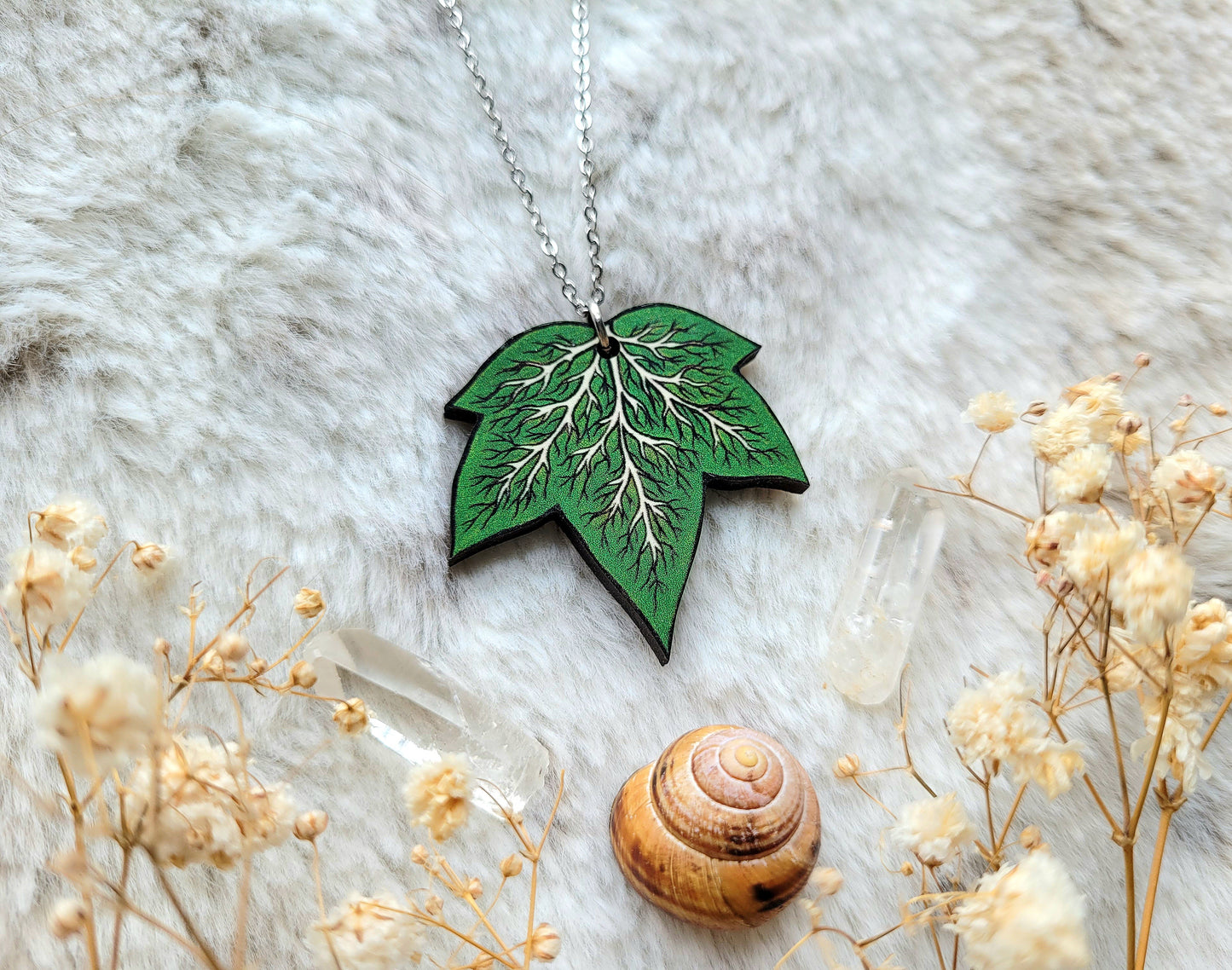 Poison Ivy illustrated necklace, responsibly sourced cherry wood, chain options available, by Grace Moth