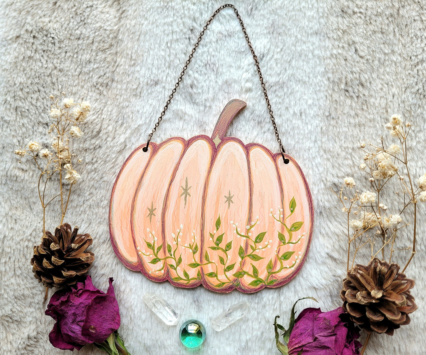 Original painted spring pumpkin - Pink - One of a kind handmade wall hanging by Grace Moth