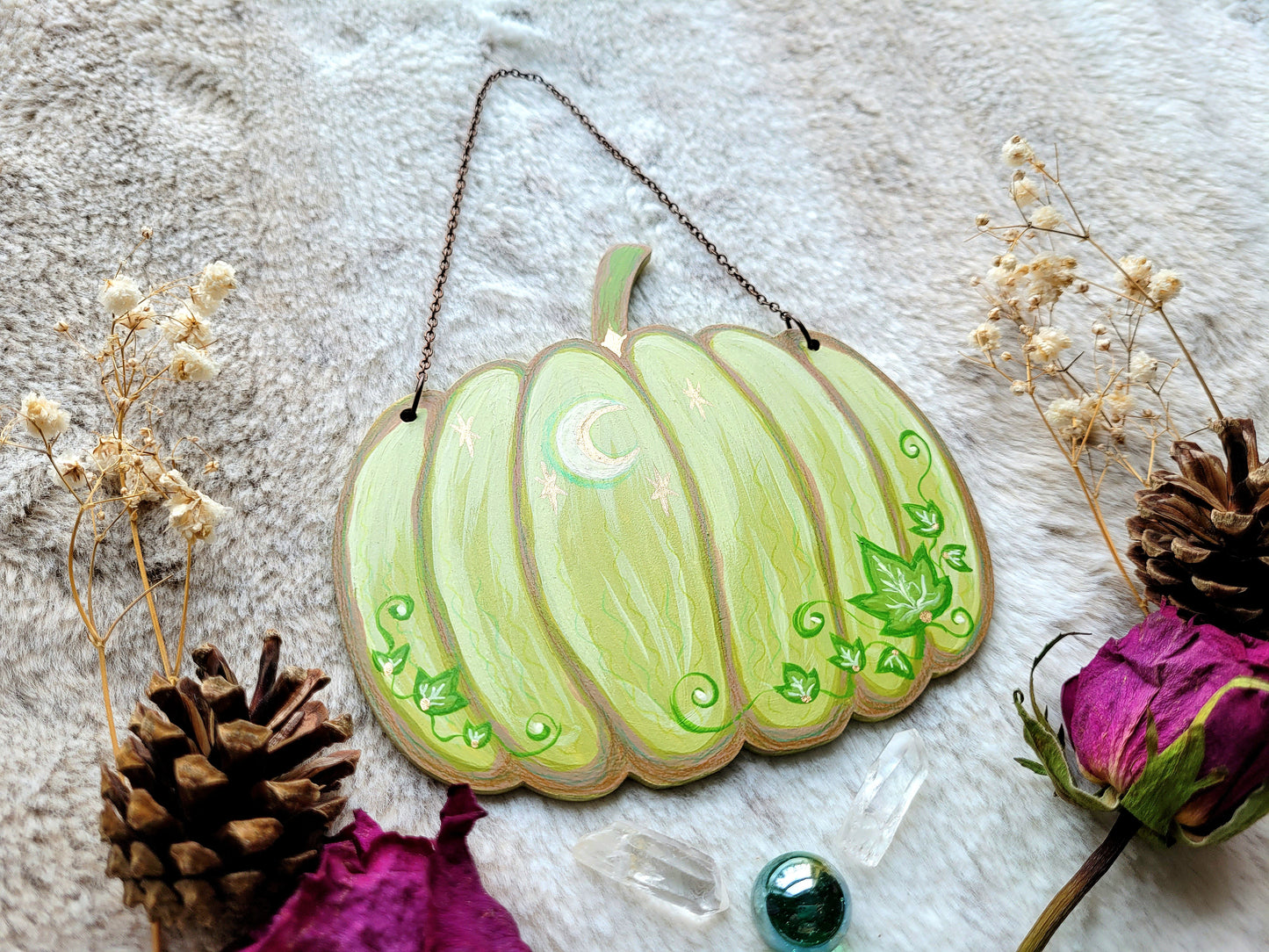 Original painted spring pumpkin - Green - One of a kind handmade wall hanging by Grace Moth
