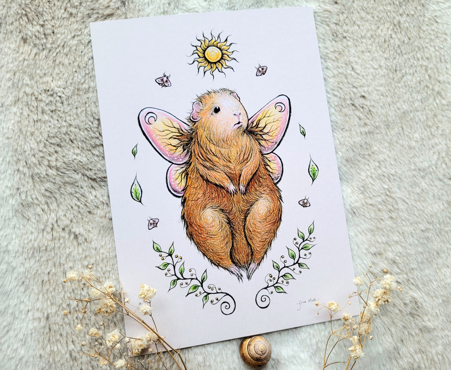 Guinea Pig Fairy - colour - A5 or A4 art print by Grace Moth
