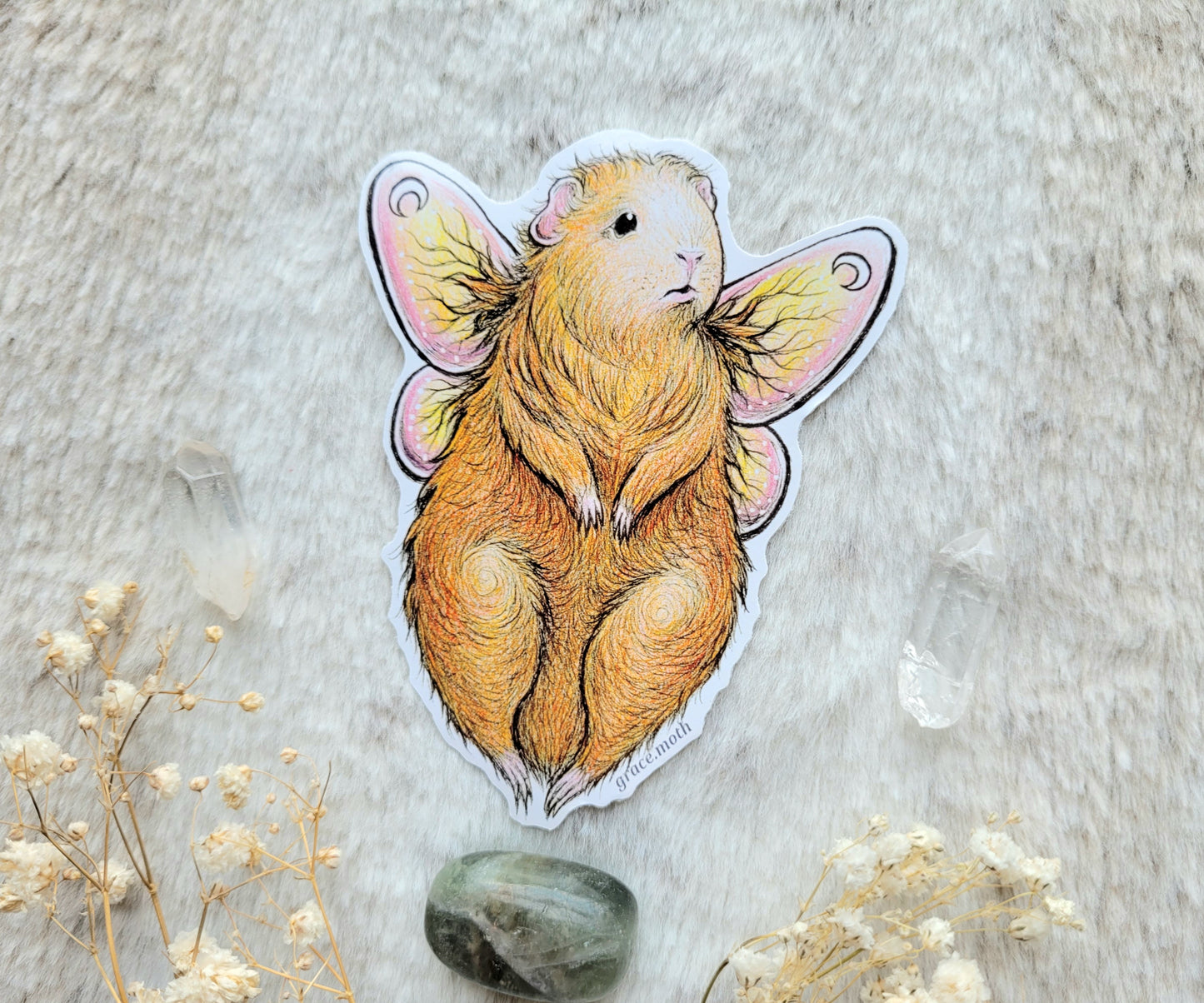 Guinea Pig Fairy - Vinyl Sticker 10cm - Illustrated by Grace moth. Witchy, cottagecore, fantasy, folklore, fairy