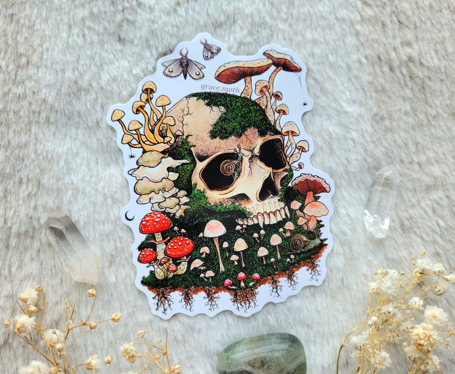 Here Lies a Fungi - Vinyl Sticker 10cm by 7.5cm - illustrated by Grace Moth. Gothic art, goblincore, mushrooms, skull, fantasy, fairy, moths