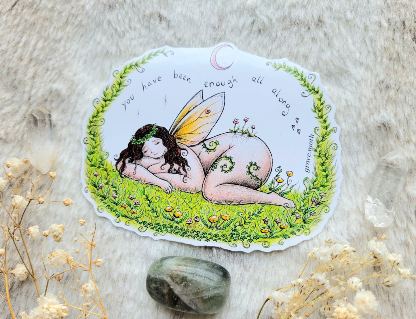 Meadow Fairy - self love quote - Vinyl Sticker 10cm - Illustrated by Grace moth. Witchy, cottagecore, fantasy, folklore, fairy