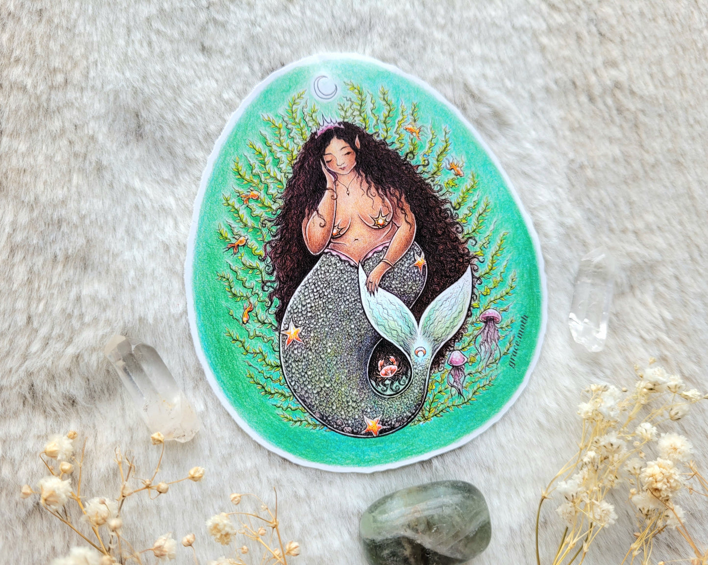 Magical Mermaid - Vinyl Sticker 10cm - Illustrated by Grace moth. Witchy, cottagecore, fantasy, folklore, fairy