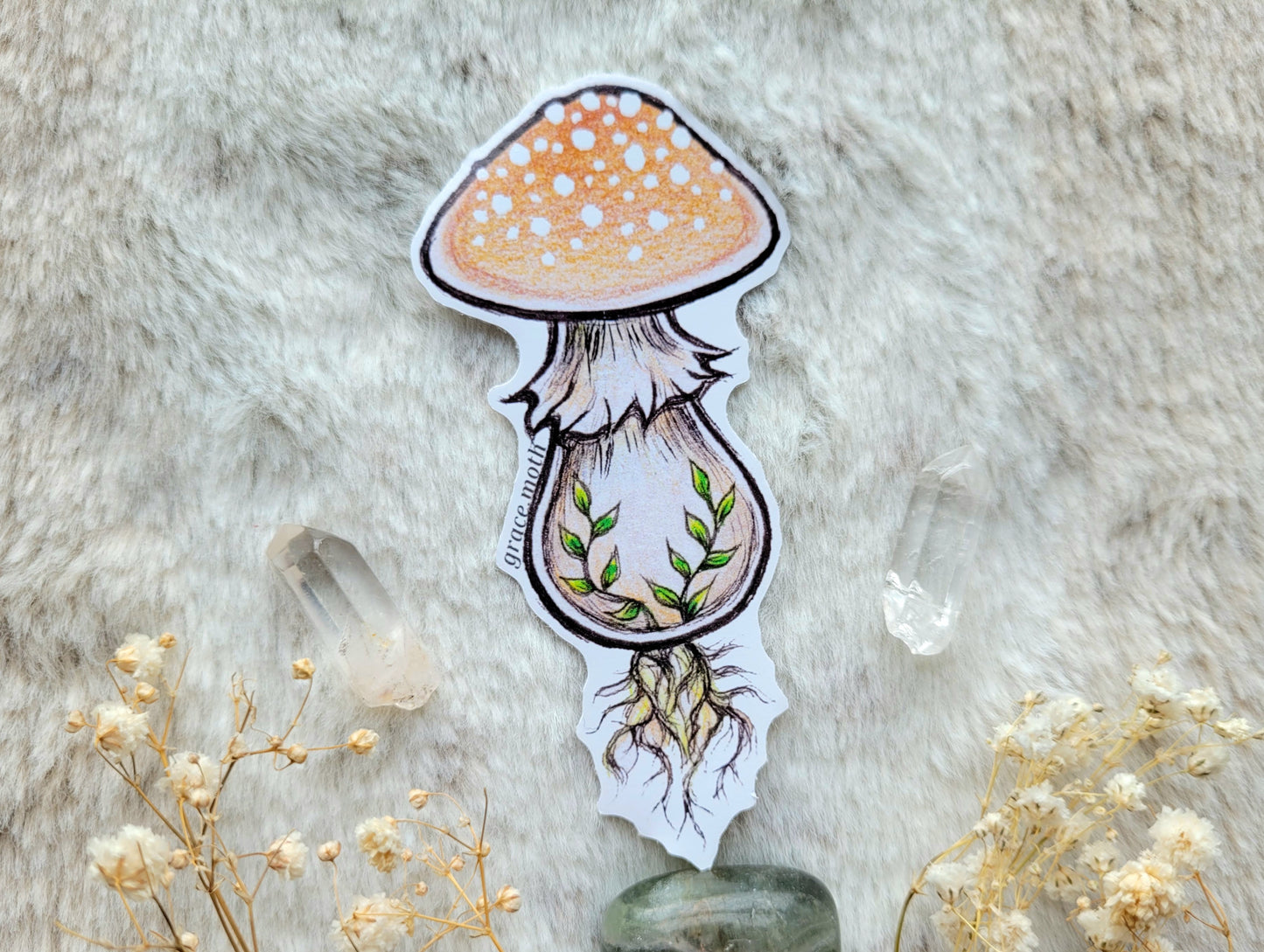 Peach Mushroom - Vinyl Sticker 10cm - Illustrated by Grace moth. Witchy, cottagecore, fantasy, folklore, fairy