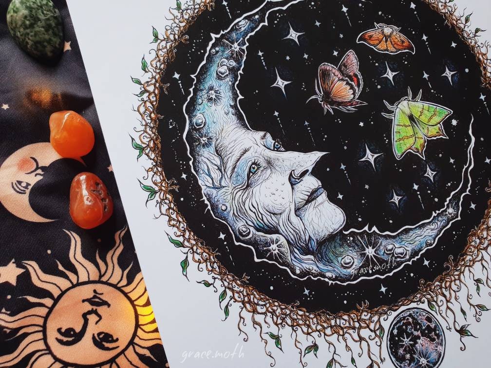 Wise Moon - A5. A4 or A3 art print by Grace Moth