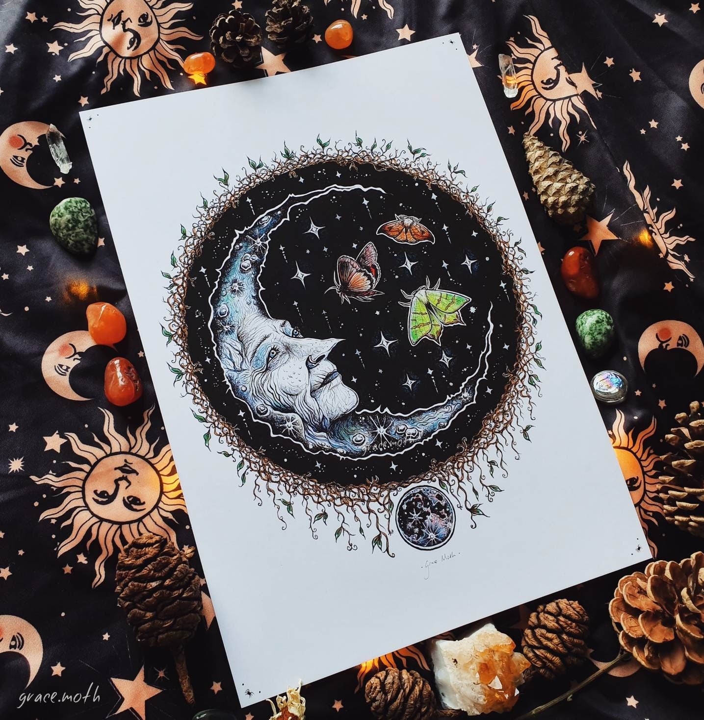 Wise Moon - A5. A4 or A3 art print by Grace Moth