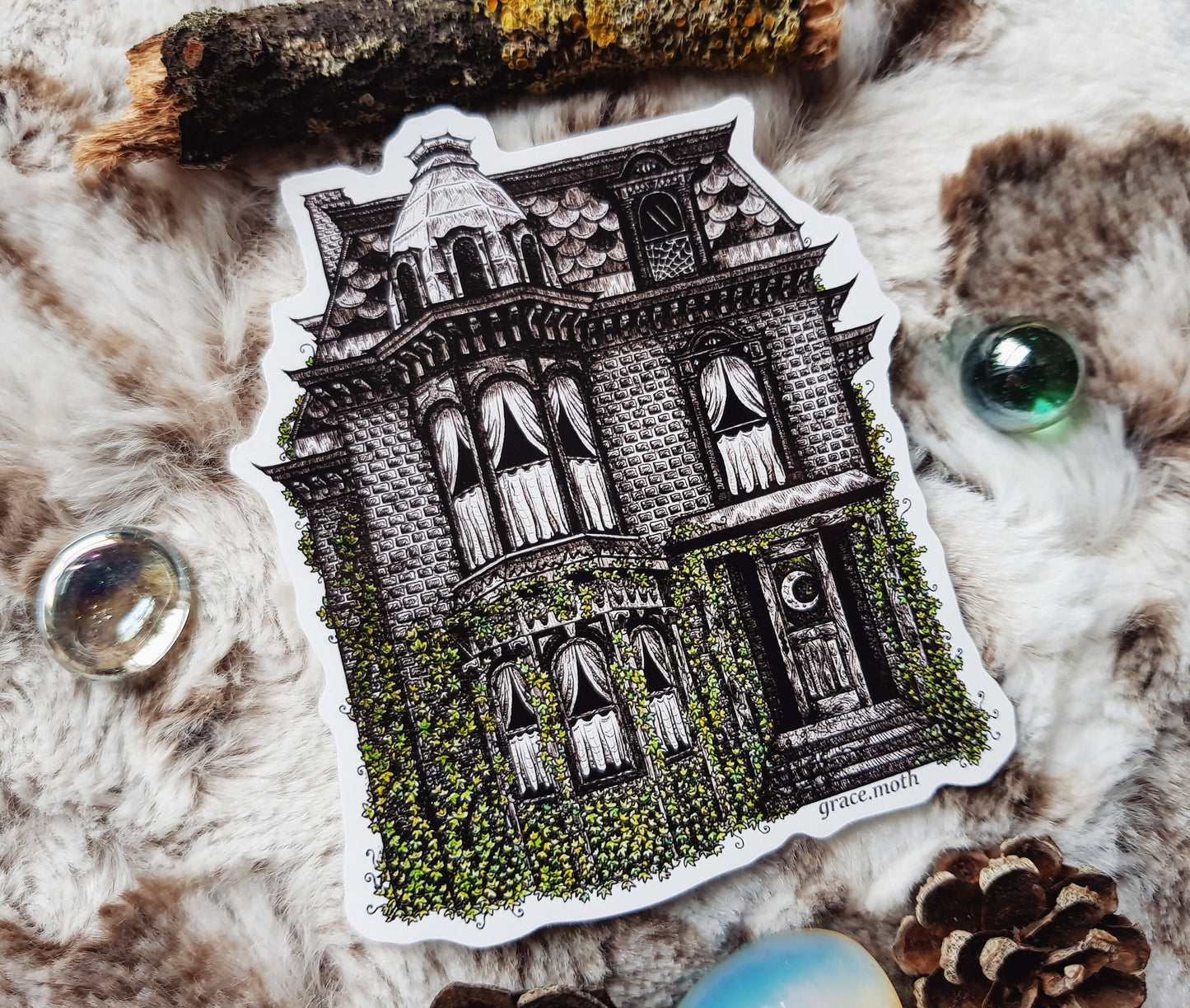 Haunted House - Vinyl Sticker 10cm by 9cm - illustrated by Grace Moth. Gothic art, witch, ivy, spooky, fantasy, inkwork, victorian house