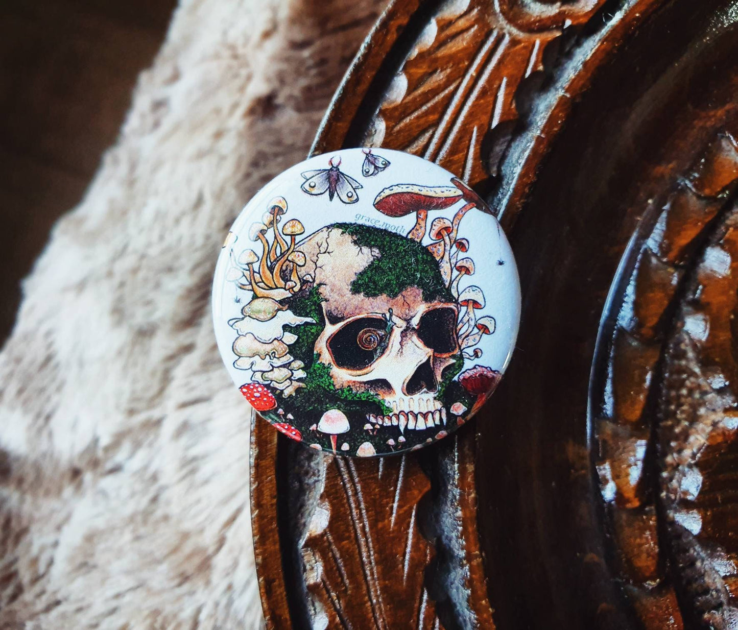 Here Lies A Fungi - Badge by Grace Moth - 39mm