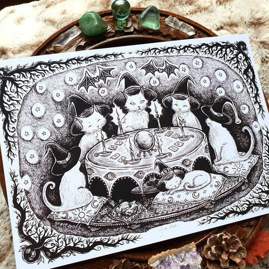 Cat Coven - dark version - A5 art print by Grace Moth - 5.8 x 8.3