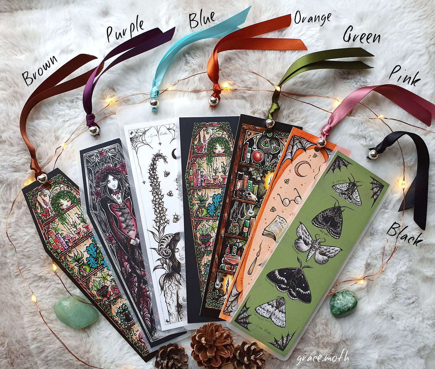 Ivy Moon Bookmark - illustrated by Grace Moth, ribbon and laminating options