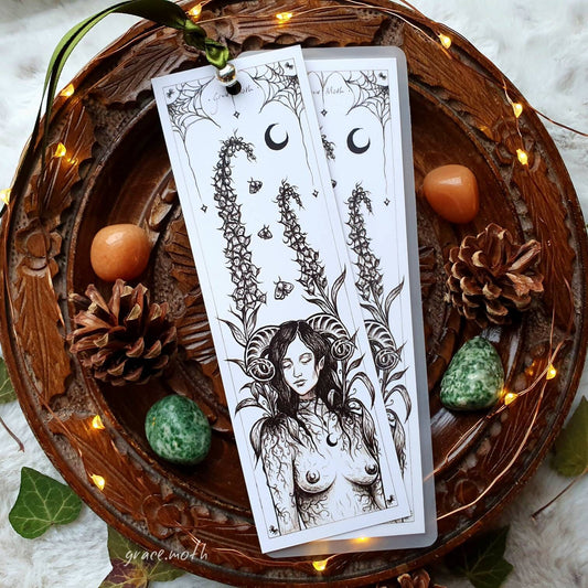 Moon Goddess Bookmark - illustrated by Grace Moth, ribbon and laminating options