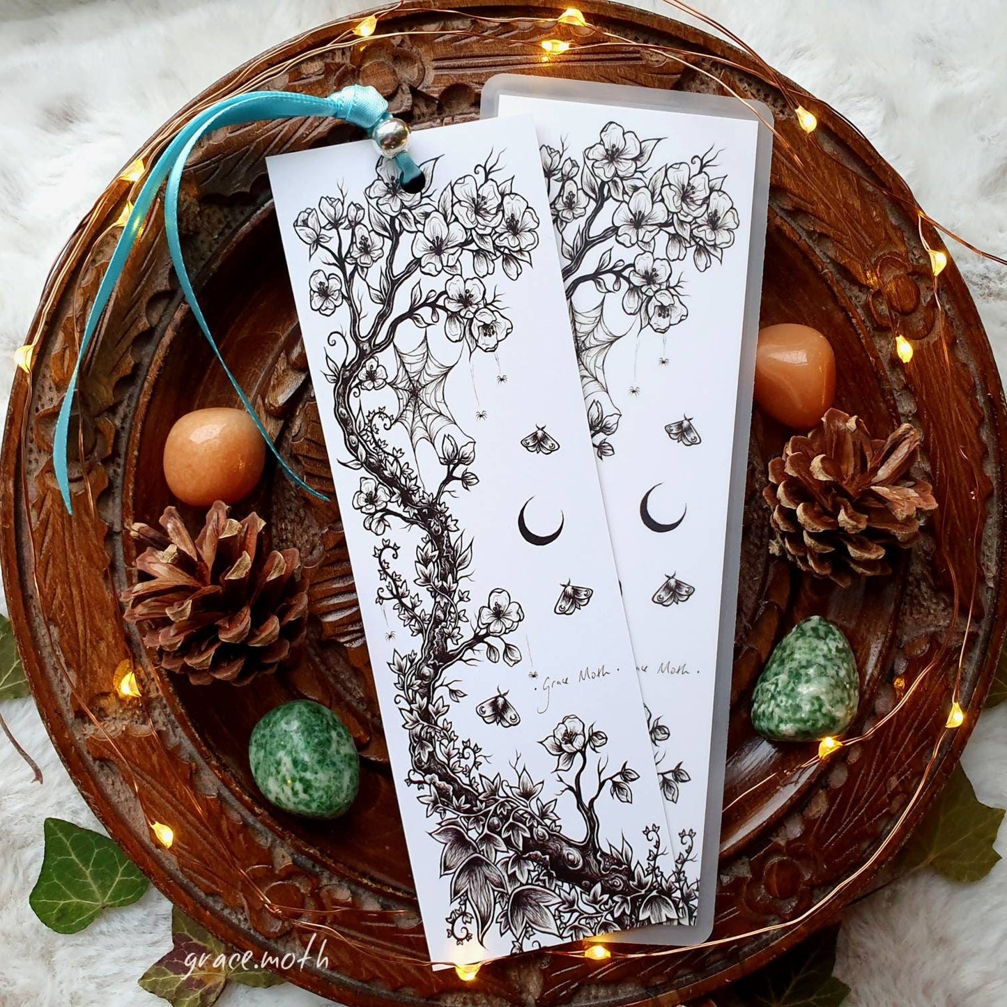 Dark Blossom Bookmark - illustrated by Grace Moth, ribbon and laminating options